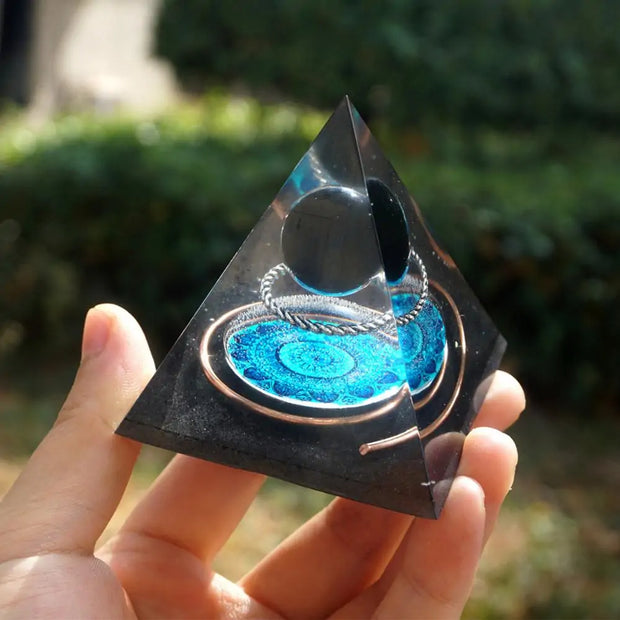 Handmade Orgonite Pyramid 60mm: Obsidian Crystal Sphere with Energy Copper Circle