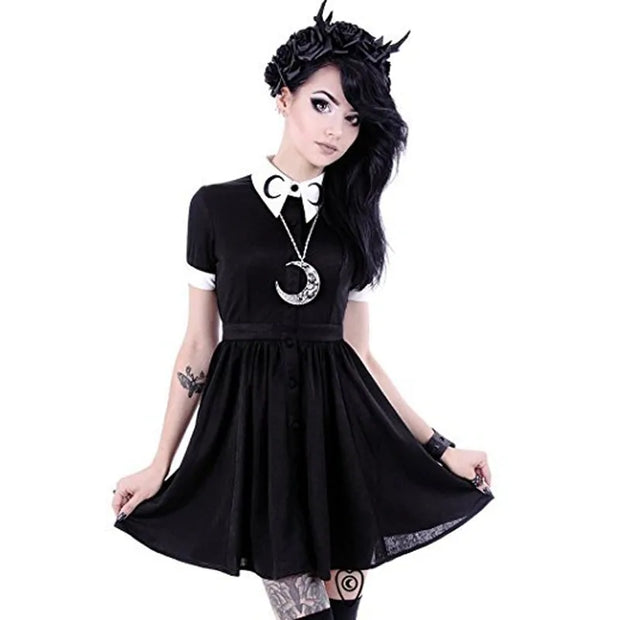 Collar Crescent Print Goth Pleated Mini Dress